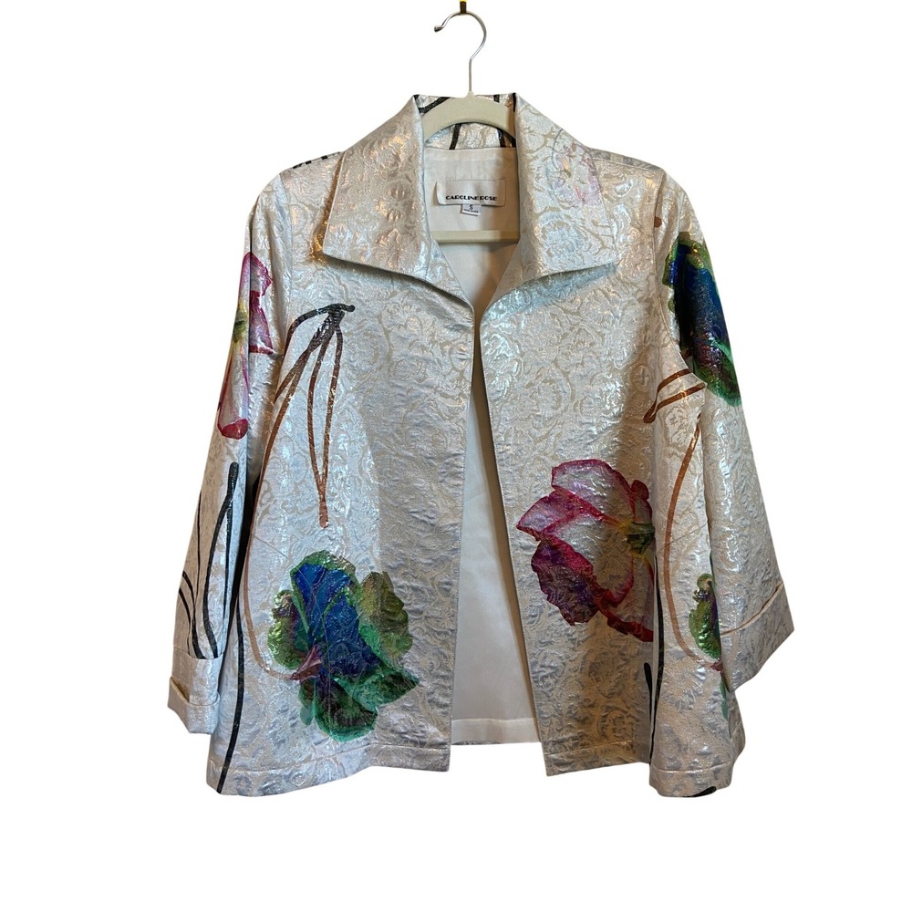 Caroline Rose Silver Metallic Floral Jacquard Open Front Jacket Womens Small USA